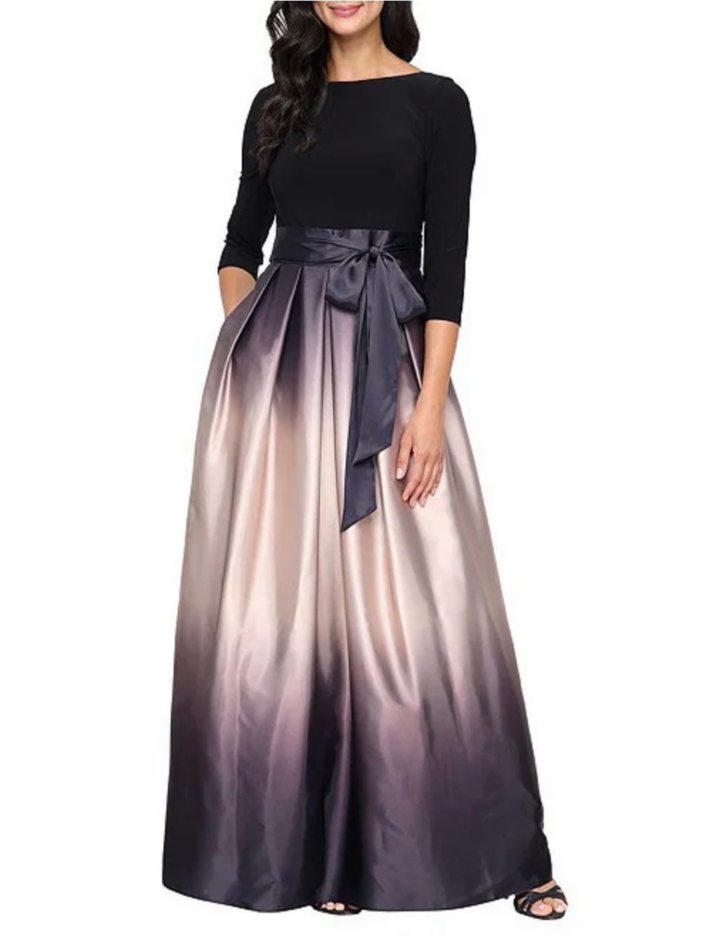 Dillard’s Ignite Evenings Ombre Satin 3/4 Sleeve Tie Waist Evening Gown Formal